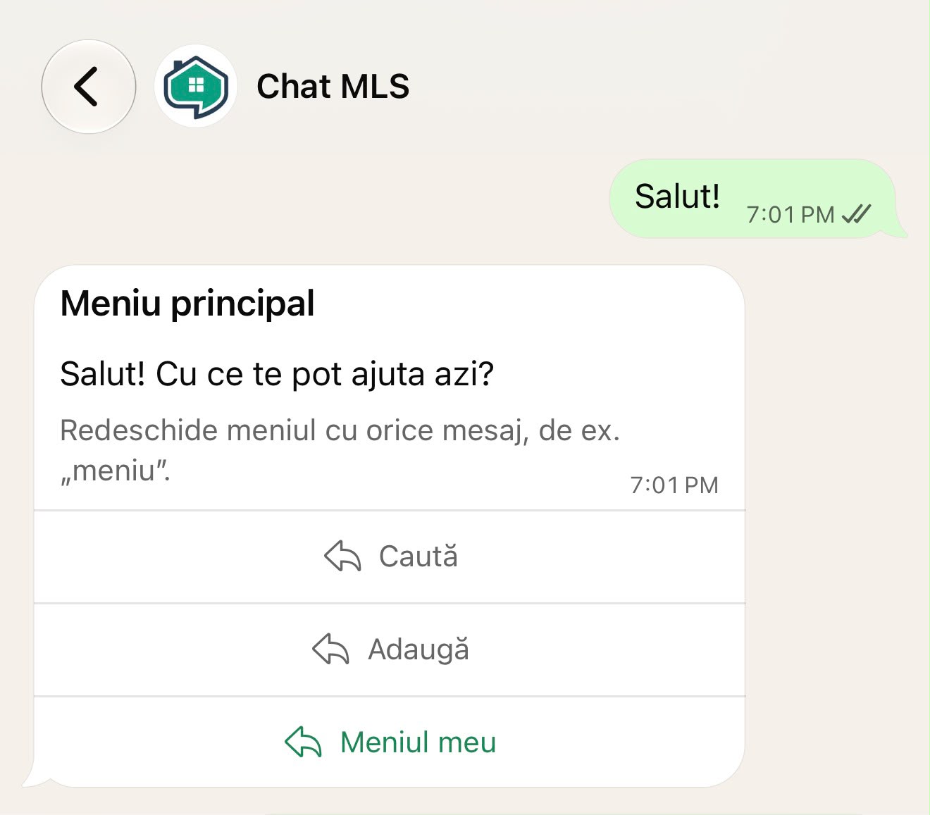 Meniul principal Chat MLS în WhatsApp